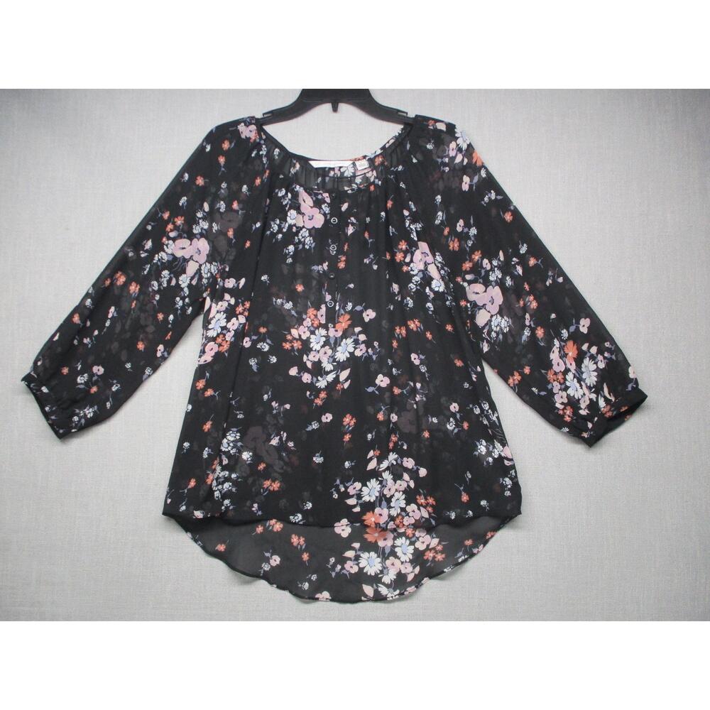 LC Lauren Conrad Black Floral Print Sheer Bohemian High-Low Blouse Womens Size L